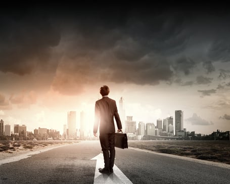 Rear view of businessman with suitcase standing on road